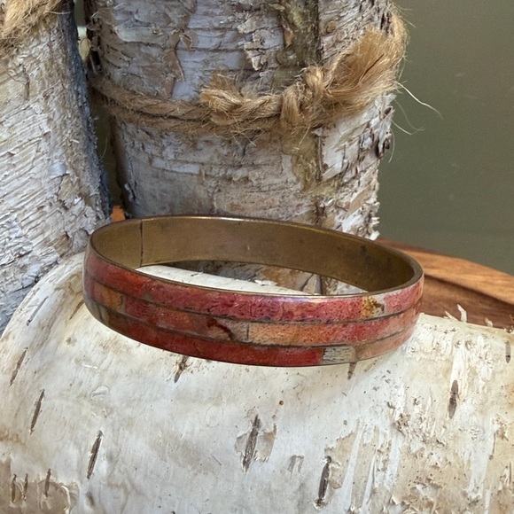 Brass and Orange Stone Bangle Bracelet Stone Inlay - Picture 5 of 5